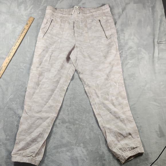 Athleta Pants - Athleta Cabo Tide Linen Jogger Pants Women 12 Beige Camo Drawstring Zip Pockets